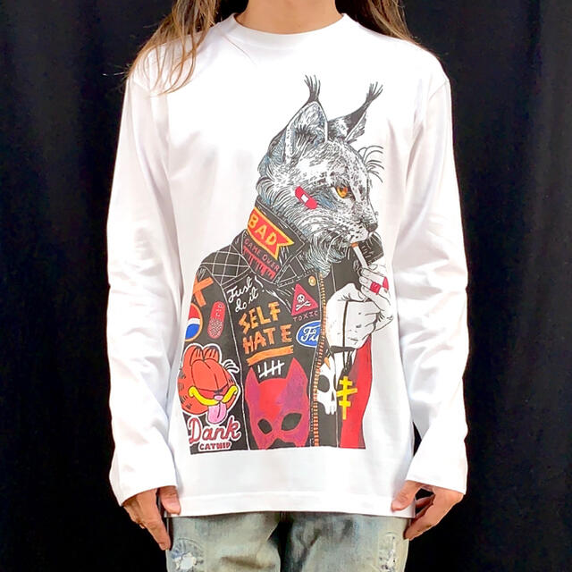 新品 ビッグ プリント パンクス ねこ 山猫 ロンT 長袖 Tシャツ パーカー