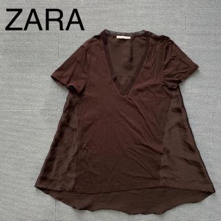 ザラ(ZARA)のZARA バックサテン 切替Vネック半袖Tシャツ黒 S/M チュニック(Tシャツ(半袖/袖なし))