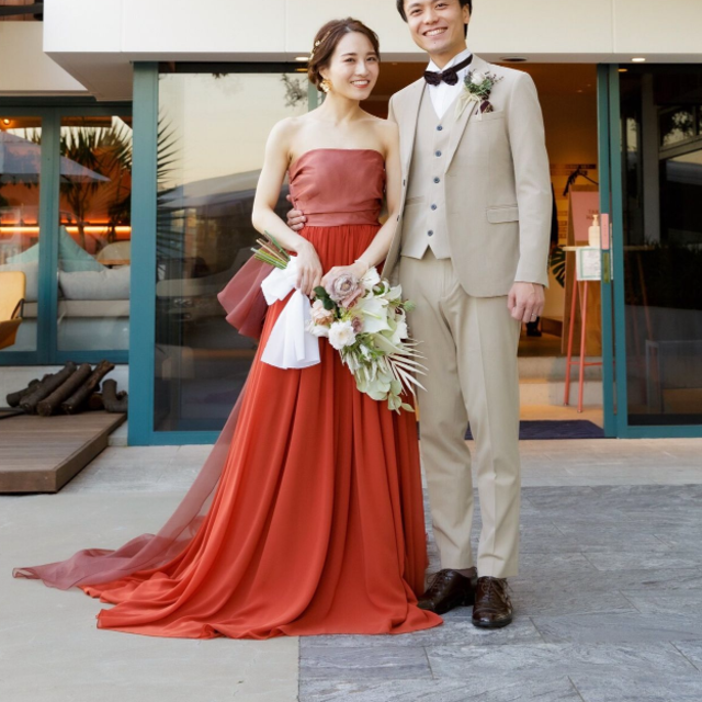 結婚式ドレス   テラコッタ色  カラードレス トレーン オーダーメイド可能