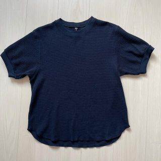 ユニクロ(UNIQLO)のユニクロ　ボーダーTシャツブラウン×ネイビー　ワッフルTシャツ　5分袖　ネイビー(Tシャツ(半袖/袖なし))