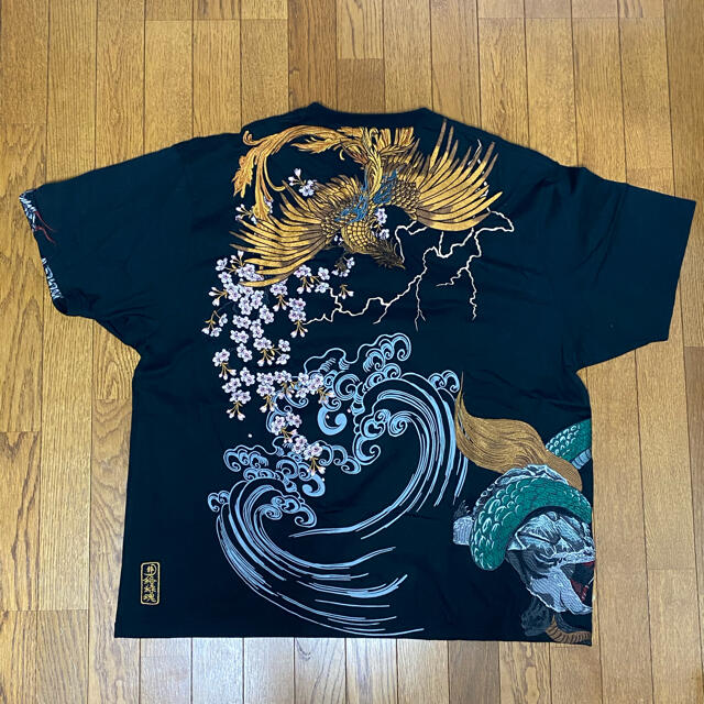 絡繰魂 粋 Tシャツ 4L 和柄 刺繍 四神獣 龍 虎 蛇 鳳凰 不死鳥 - T