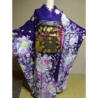 正絹　振袖　綸子紫ボカシラメ加工(振袖)