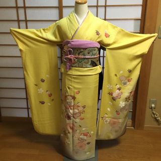 振袖used品✨レモン色地に裾ボカシ染め 花柄 現代調子 振袖5点セット❣️(振袖)