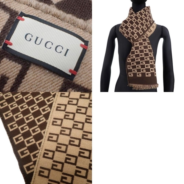 Gucci(グッチ)のグッチ ロゴ マフラー ウール シルク ブラウン茶 40800074017 レディースのファッション小物(マフラー/ショール)の商品写真