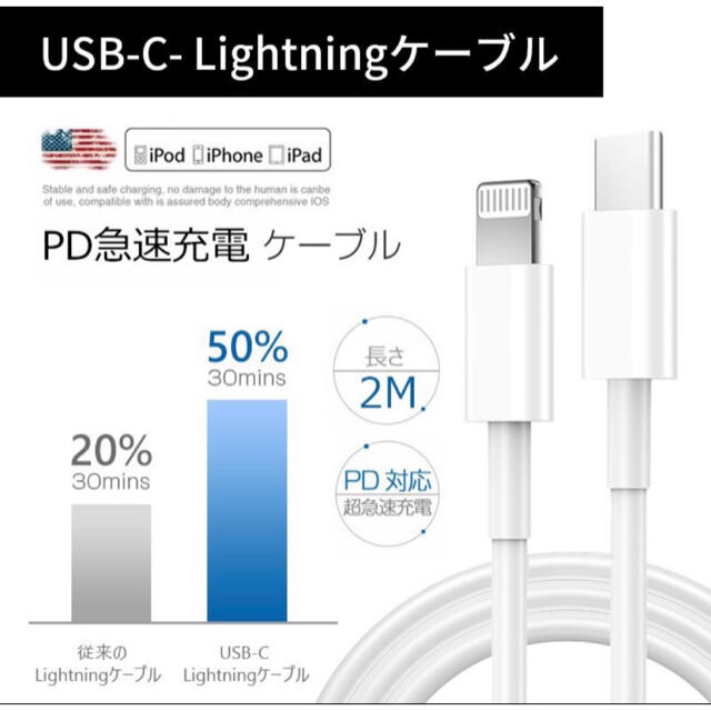 【送料無料】★純正品質★TYPE-C Lightningケーブル ２m １本 スマホ/家電/カメラのスマートフォン/携帯電話(バッテリー/充電器)の商品写真