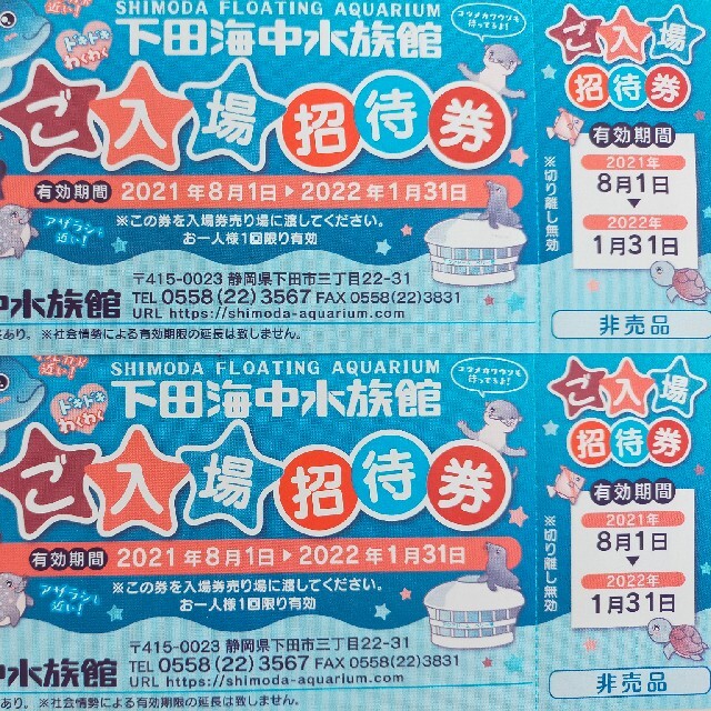 下田海中水族館 入場招待券 2枚セット チケットの施設利用券(水族館)の商品写真