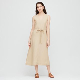 ユニクロ(UNIQLO)のリネンブレンド Aラインワンピース  ベージュ　ユニクロ(ロングワンピース/マキシワンピース)