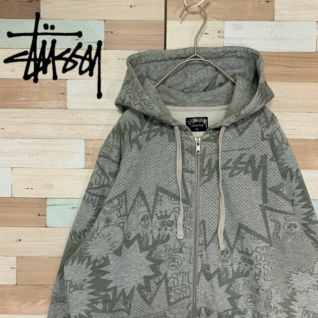 STUSSY ステューシー パーカー 総柄 グレー Lサイズ ジップアップ