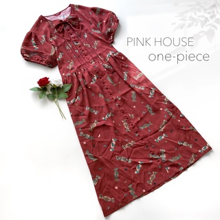 新しいスタイル ピンクハウス 美品 ロングワンピース 飴柄 赤 レッド パフスリーブ 昭和レトロ ピンクハウス