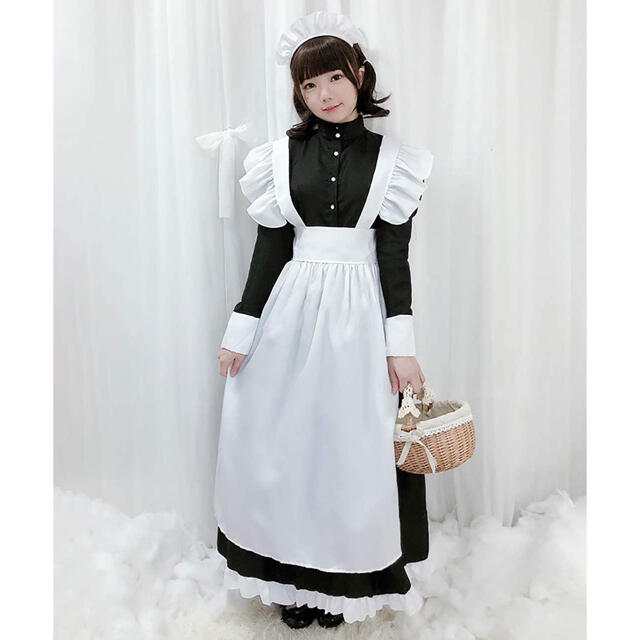 メイド服、チェック、クラシカルロングワンピースと白ロングエプロンの 