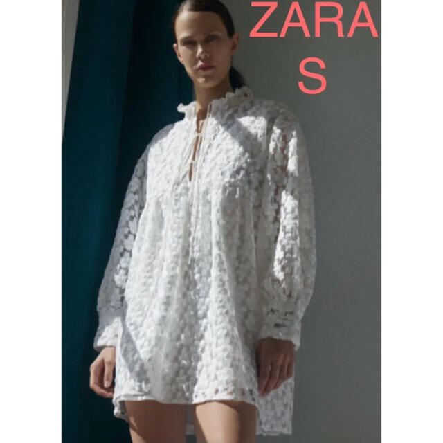 ZARA ザラストラクチャ入り生地ミニワンピース　刺繍ワンピース レディースのワンピース(ミニワンピース)の商品写真