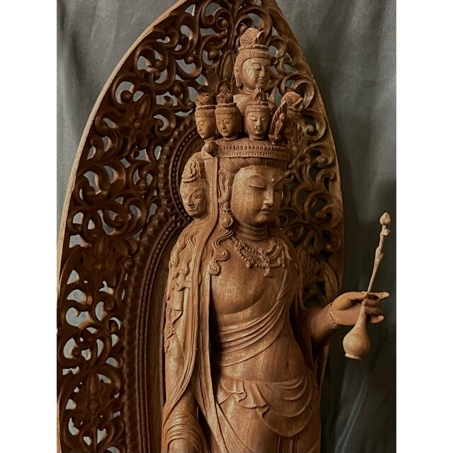 大型高62cm 仏教工芸品 楠材製 極上彫 木彫仏像 十一面観音菩薩座像の 