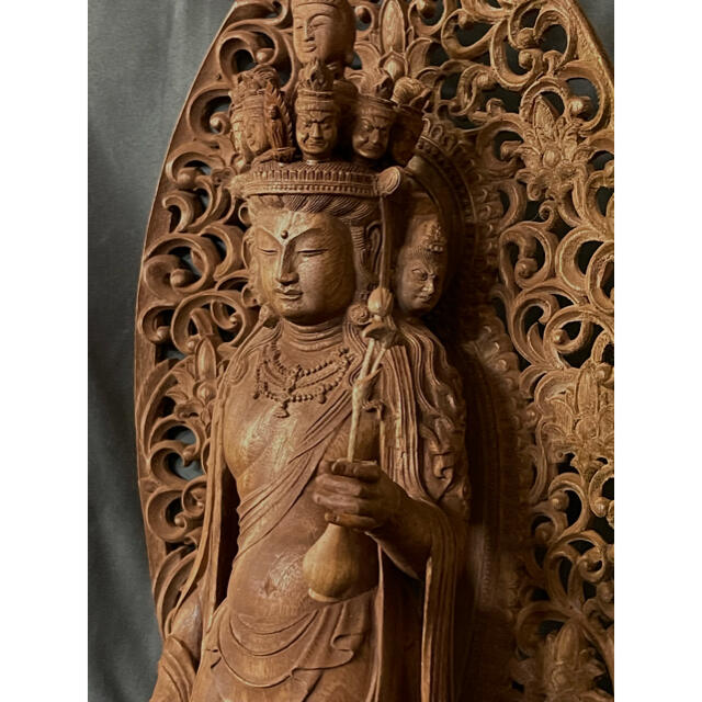 大型高62cm 仏教工芸品　楠材製　極上彫　木彫仏像　十一面観音菩薩座像