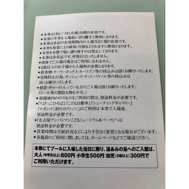 値下げ！ナガシマスパーランド　プール招待券大人3枚 チケットの施設利用券(遊園地/テーマパーク)の商品写真