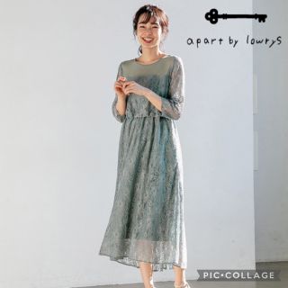 アパートバイローリーズ(apart by lowrys)の総レース ロングドレスワンピース M ブルー 袖あり ウエストゴム(ロングドレス)