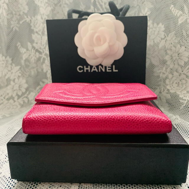 CHANEL キャビアスキン ココマーク 二つ折りWホック財布 フューシャ ...