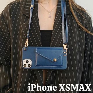 ★iPhoneケース PUレザー スマホポーチ  カード入れ シンプル　ネイビー(iPhoneケース)