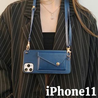 ★iPhoneケース PUレザー スマホポーチ  カード入れ シンプル　ネイビー(iPhoneケース)