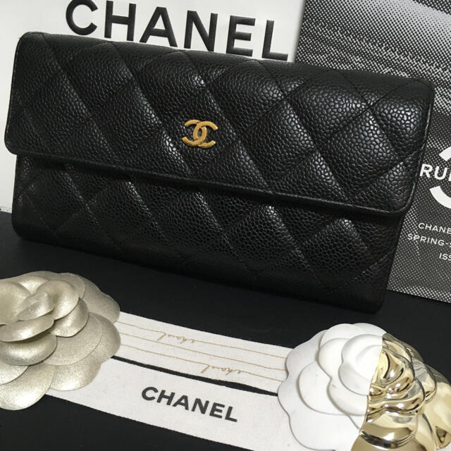 ファッション小物正規品 シャネル CHANEL キャビアスキン マトラッセ 長財布