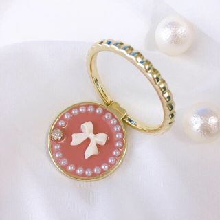 スマホリング　バンガーリング　ハンドメイド  りぼん　パール　ラインストーン(その他)