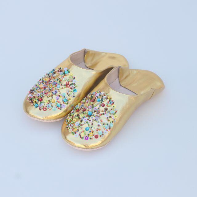 ゴールド レザー バブーシュ （ミックス）モロッコ スリッパ Mサイズ レディースの靴/シューズ(サンダル)の商品写真