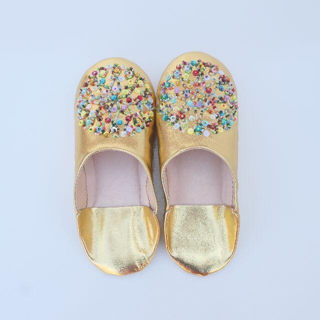 ゴールド レザー バブーシュ （ミックス）モロッコ スリッパ Mサイズ レディースの靴/シューズ(サンダル)の商品写真