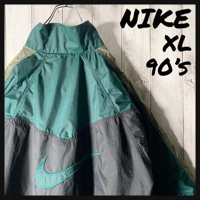 白タグ XL 90s】ナイキ NIKE 両面刺繍 ナイロン ジャケット 緑黒