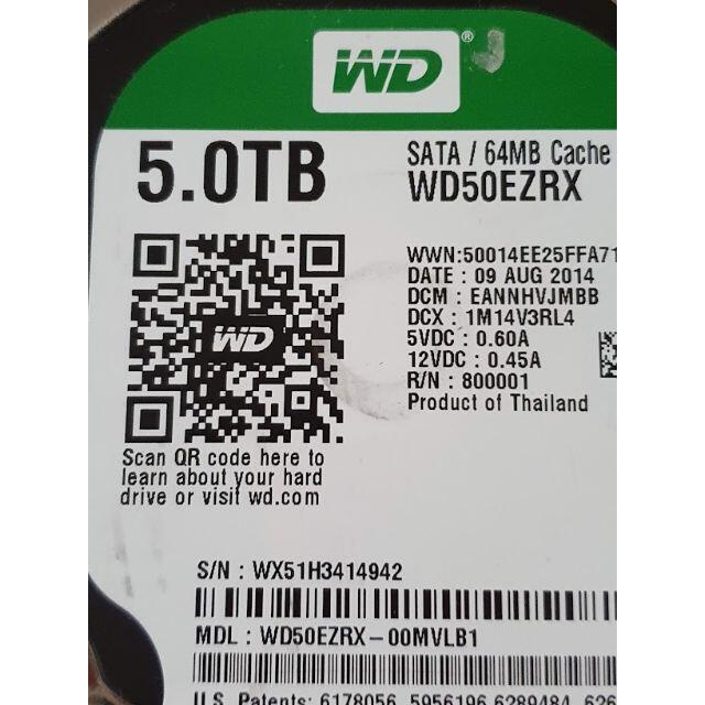◆ウエスタンデジタル3.5インチHDD◆5TB　グリーンラベル　正常品