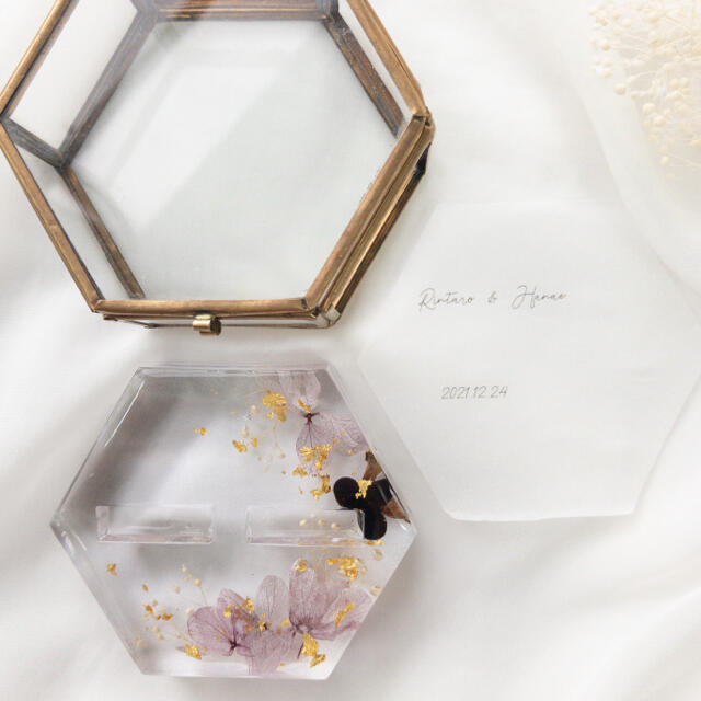 🎈オレガノパープル紫陽花と白山吹の実×ガラスケースリングピロー ハンドメイドのウェディング(リングピロー)の商品写真