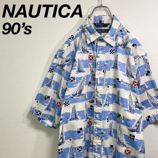 ノーティカ(NAUTICA)の古着 90s ノーティカ 半袖 柄シャツ M コットン セーリングヨット マリン(シャツ)