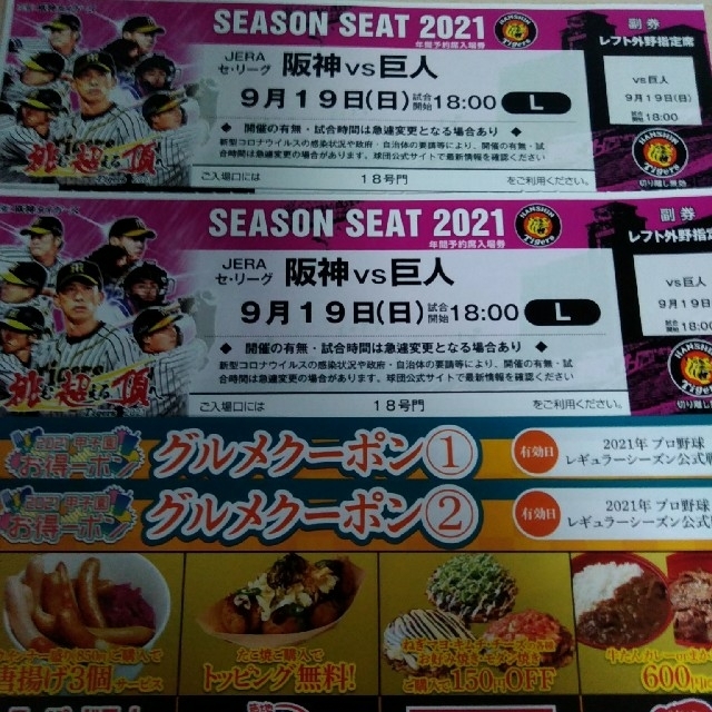 甲子園巨人最終戦　阪神 vs 巨人9月19日日曜日 レフト外野シートペア