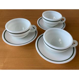 パイレックス(Pyrex)のオールド パイレックス グリーンライン ティーカップ＆ソーサー3セット(食器)