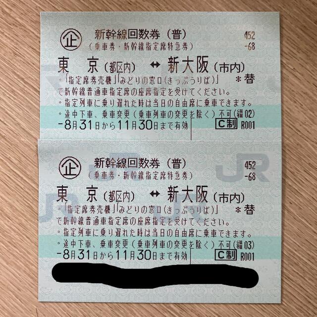 新幹線 東京 新大阪 回数券 指定席 往復 2枚 送料込み 無料- 新幹線チケット 東京⇄大阪 2枚