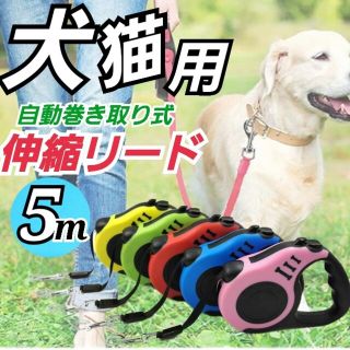 犬猫用リード 自動ロープ収納 ５m 散歩 ペット用  長さ調節 犬リード(犬)