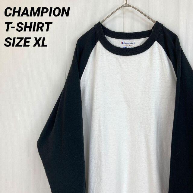 Champion(チャンピオン)の【ゆるダボオーバーサイズXL】CHAMPIONチャンピオン7分丈切替Tシャツ白黒 メンズのトップス(Tシャツ/カットソー(七分/長袖))の商品写真