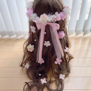 くすみピンク♡プリザーブドフラワー♡リボン付き ラプンツェル髪飾り