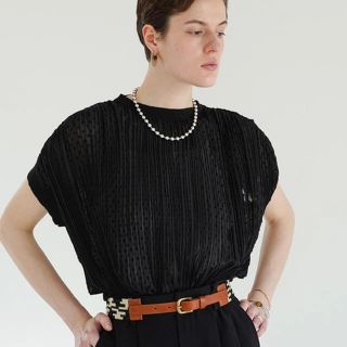 CLANE DOT JACQUARD RIB TOPSクラネ黒ドットジャガード(シャツ/ブラウス(半袖/袖なし))