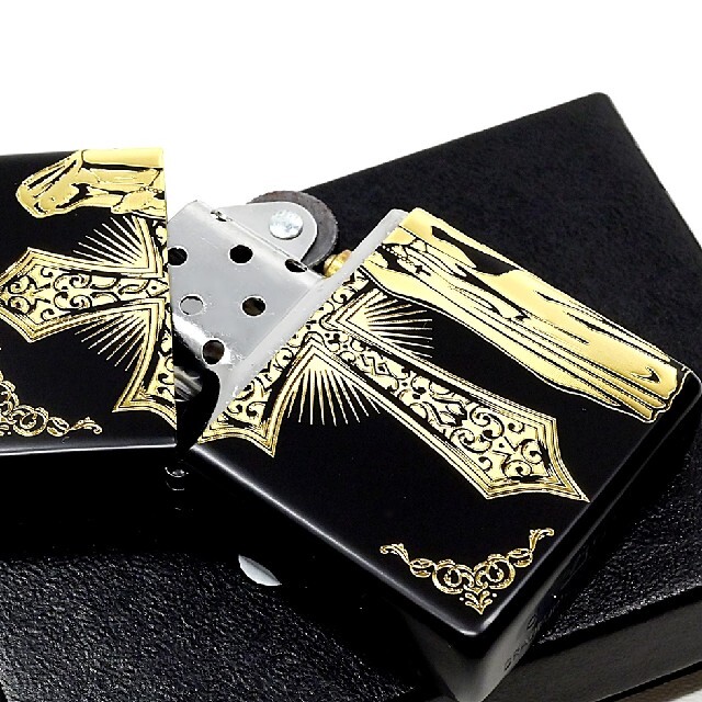 ZIPPO(ジッポー)の送料無料☆zippo☆2面加工☆ゴールドクロスマリア☆ブラック☆ジッポ メンズのファッション小物(タバコグッズ)の商品写真