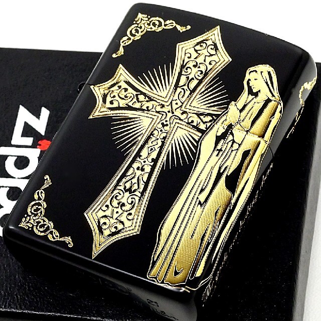 ZIPPO(ジッポー)の送料無料☆zippo☆2面加工☆ゴールドクロスマリア☆ブラック☆ジッポ メンズのファッション小物(タバコグッズ)の商品写真