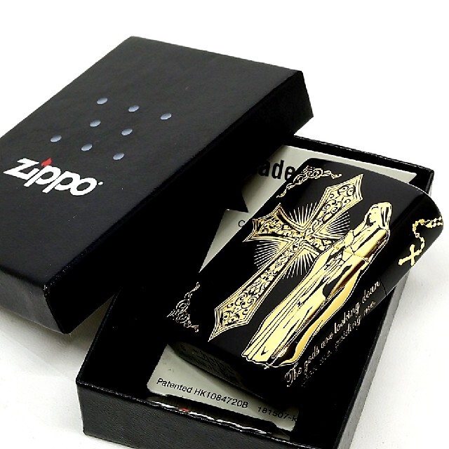 ZIPPO(ジッポー)の送料無料☆zippo☆2面加工☆ゴールドクロスマリア☆ブラック☆ジッポ メンズのファッション小物(タバコグッズ)の商品写真