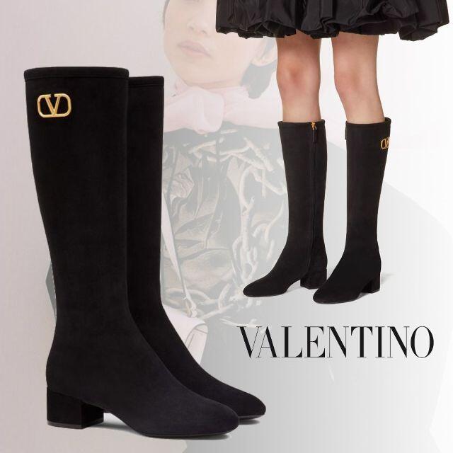 VALENTINO(ヴァレンティノ)の2798 ヴァレンティノ ロゴ スエード ロンブブーツ 黒 レディースの靴/シューズ(ブーツ)の商品写真