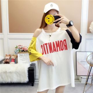 オフショルビッグアルファベットロゴTシャツホワイトオーバーサイズビッグシルエット(Tシャツ(半袖/袖なし))