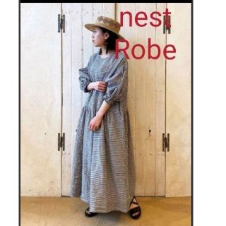 ネストローブ(nest Robe)のネストローブnestrobe＊ギンガムバルーンスリーブワンピース紺(ロングワンピース/マキシワンピース)