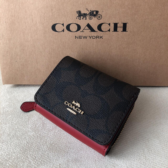 COACH(コーチ)の新品★COACH コーチ レザー 三つ折り財布 シグネチャーブラウン×レッド レディースのファッション小物(財布)の商品写真