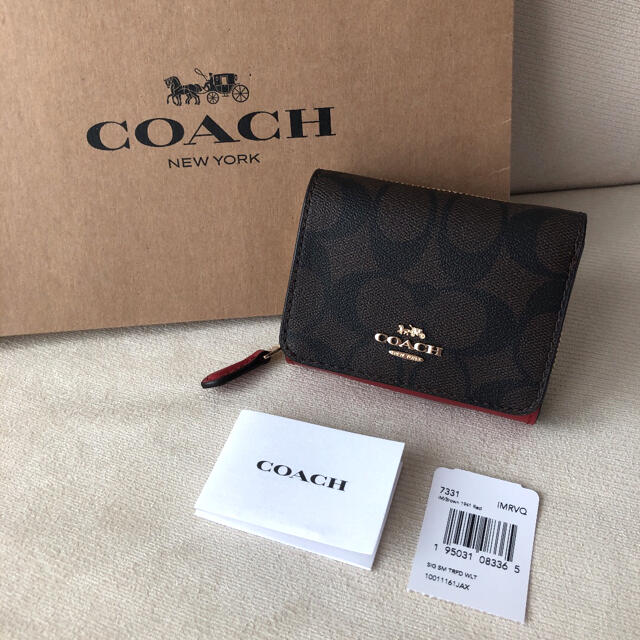 COACH(コーチ)の新品★COACH コーチ レザー 三つ折り財布 シグネチャーブラウン×レッド レディースのファッション小物(財布)の商品写真