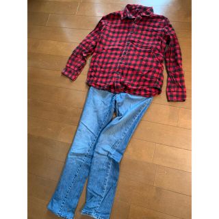 ユニクロ(UNIQLO)の美品 UNIQLO ユニクロ 長袖シャツ ネルシャツ レッド デニム150cm(ブラウス)