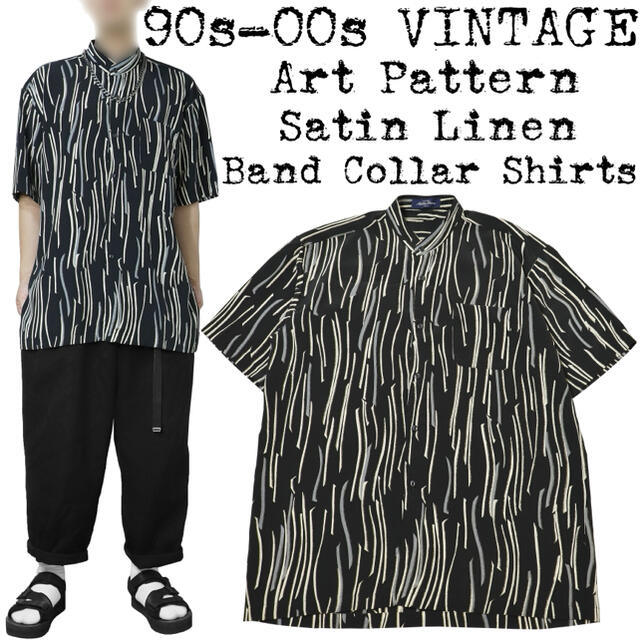 美品★90s 00s VINTAGE★アート 半袖 バンドカラーシャツ★ブラック