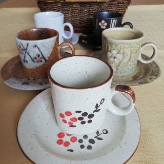 コーヒーカップ＆ソーサー 5客セット 収納かご付き 和食器(グラス/カップ)