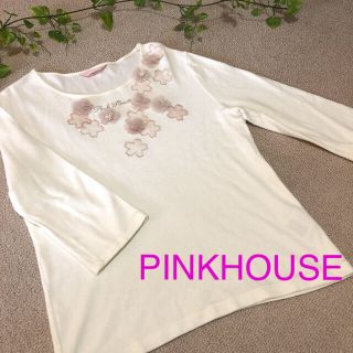 ピンクハウス(PINK HOUSE)のPINKHOUSE⭐トップス⭐カットソー⭐L⭐白⭐花⭐モチーフ⭐レース⭐七分丈(カットソー(長袖/七分))