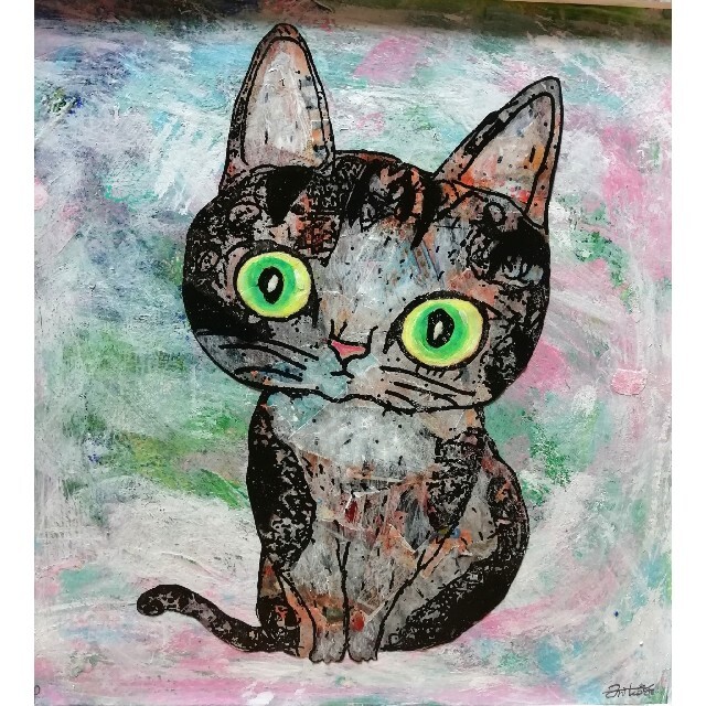 額付き銅版画応用絵画　alt「ひらめき猫」